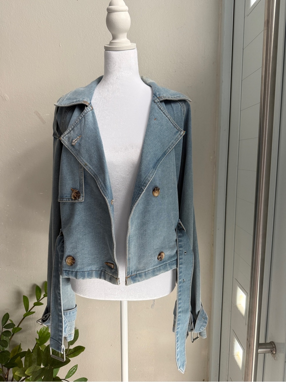 Washed Light Blue Denim Moto Jacket - Women's